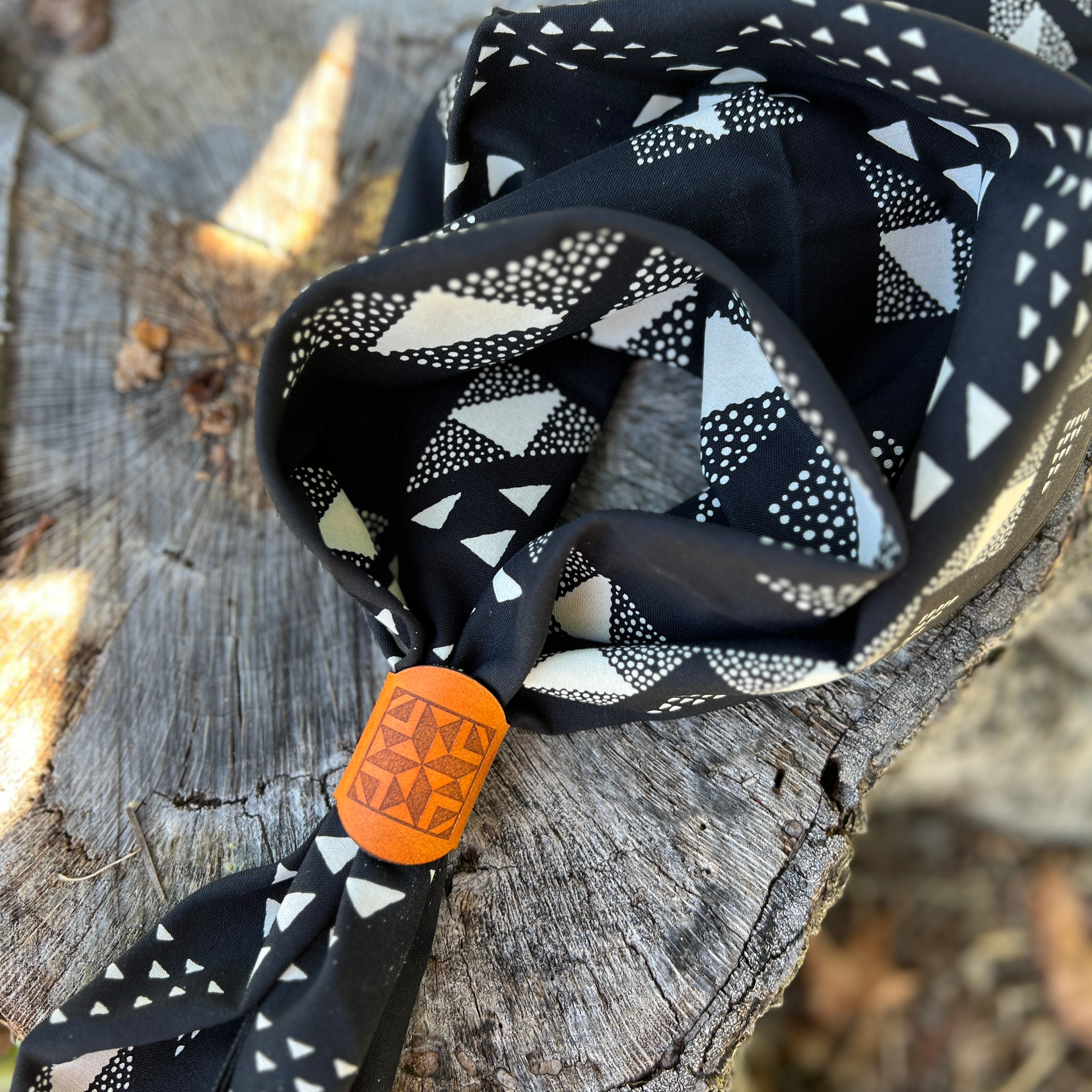 black cotton bandana with leather bandana slide