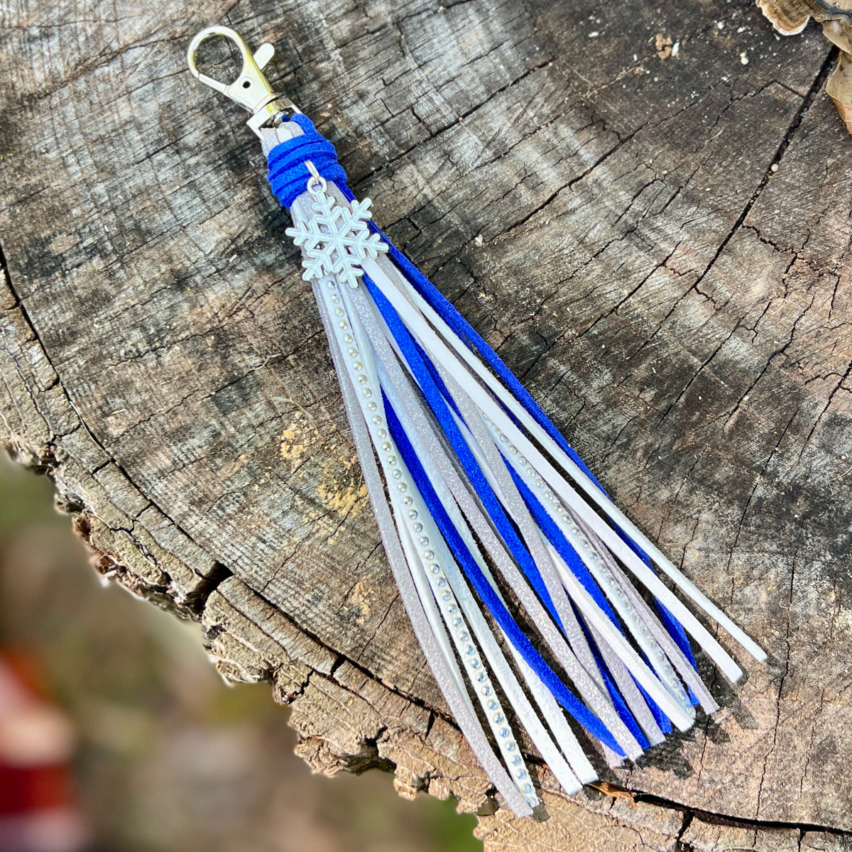 blue and silver tassel bag charm with snowflake