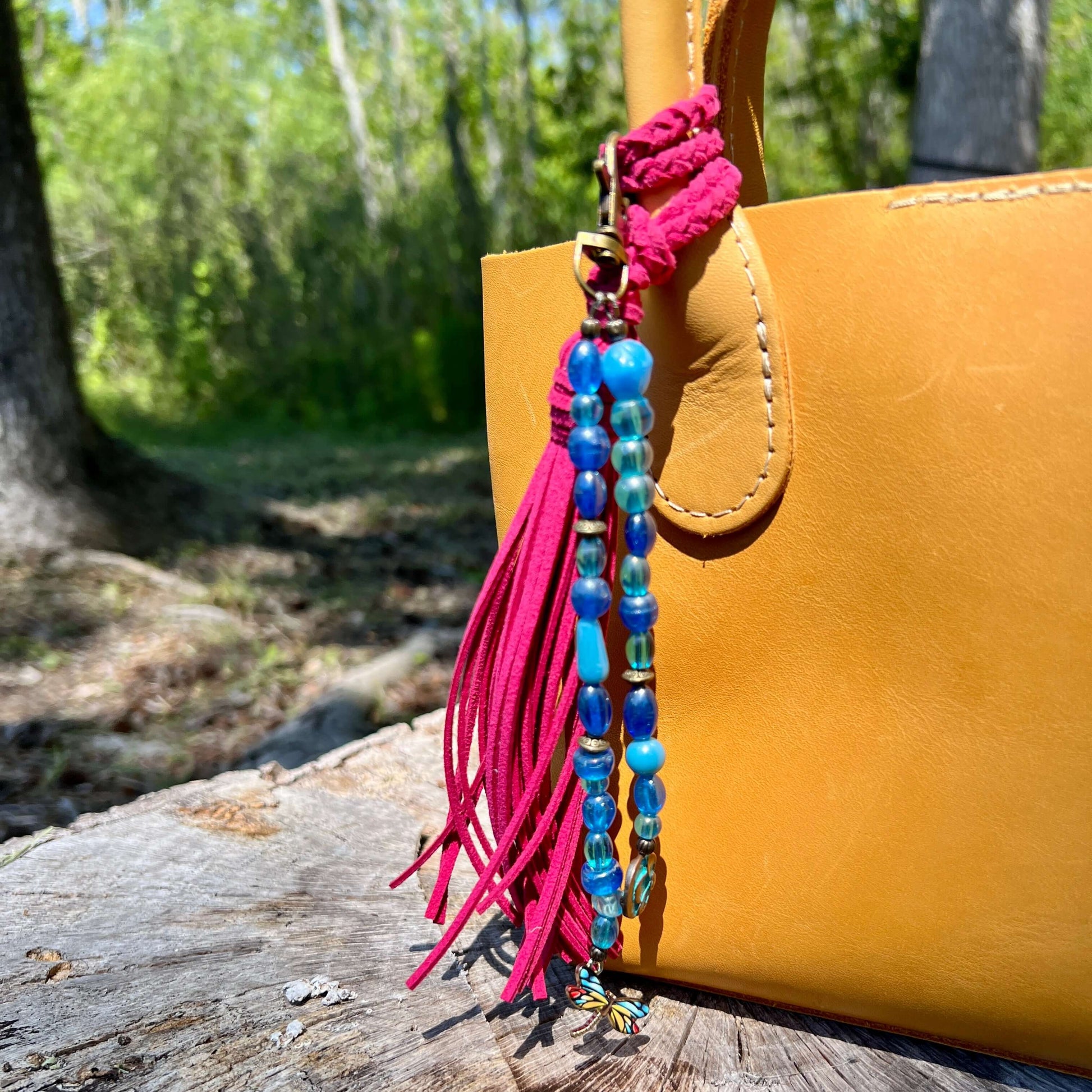 Beaded Bag Charm with Blue Glass Beads and Dragonfly Charm