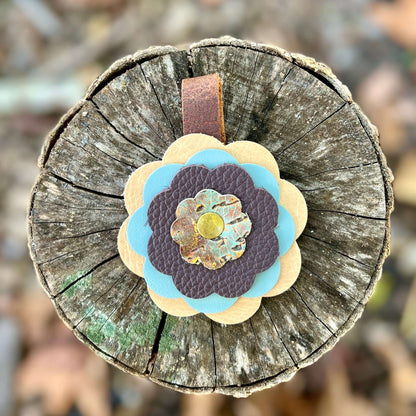 Leather Flower Bag Charm - Tan, Steel Blue and Purple