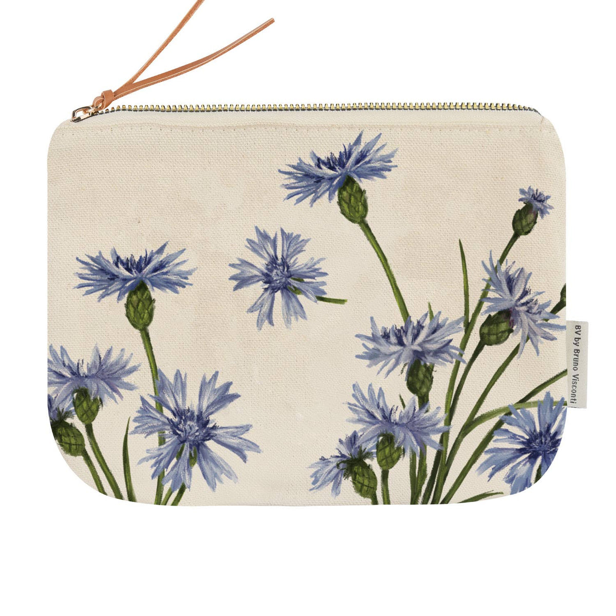 A canvas zippered pouch with a blue and green cornflower floral print on a cream background, featuring a brown leather wrist strap and a small side tag.