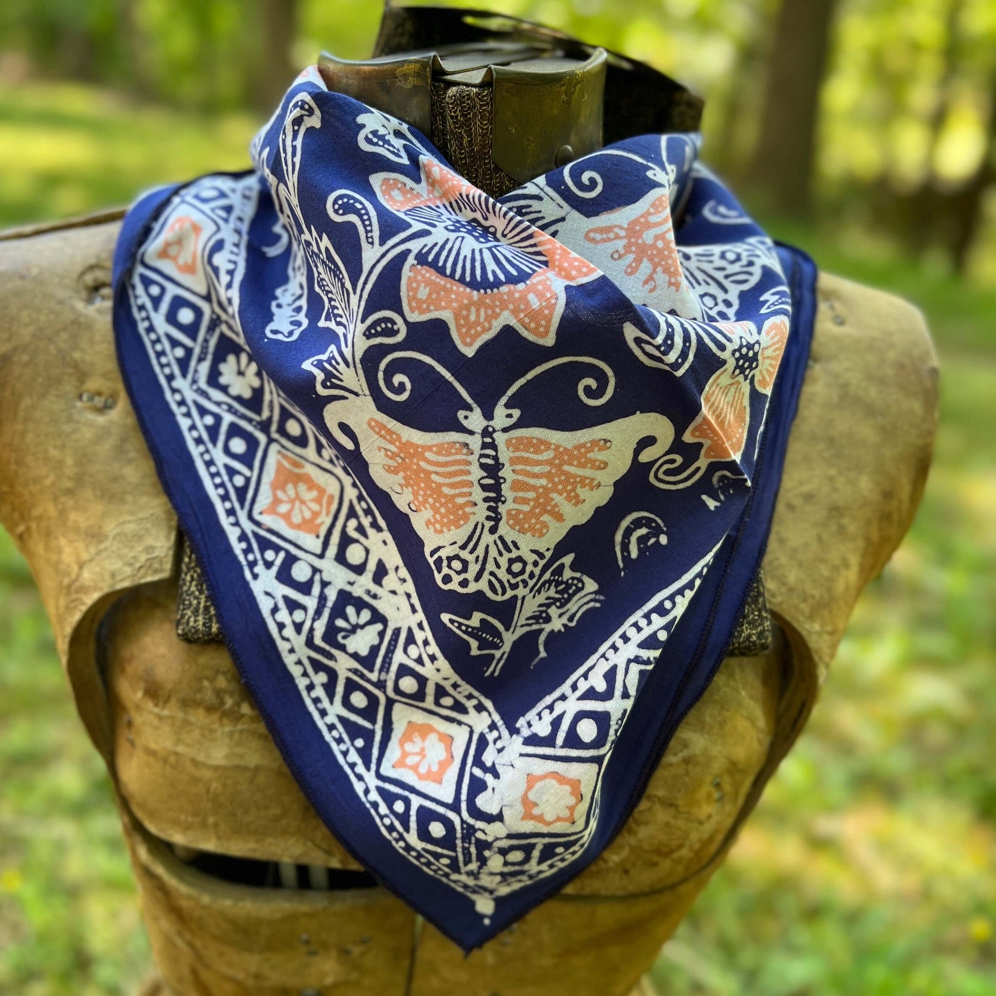 blue floral and butterfly batik bandana