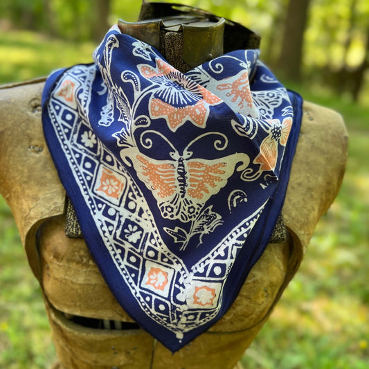 blue floral and butterfly batik bandana