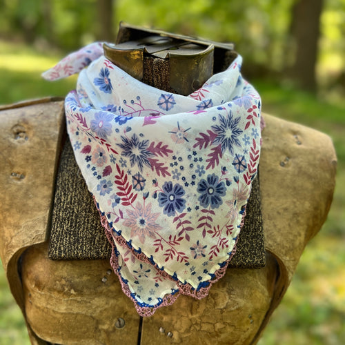 blue floral bandana with crochet lace trim