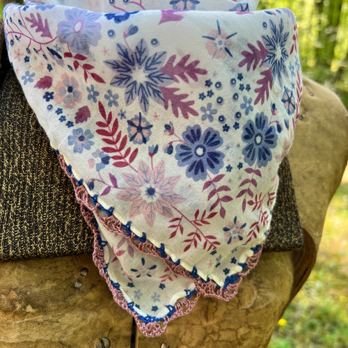 blue floral bandana with crochet lace trim