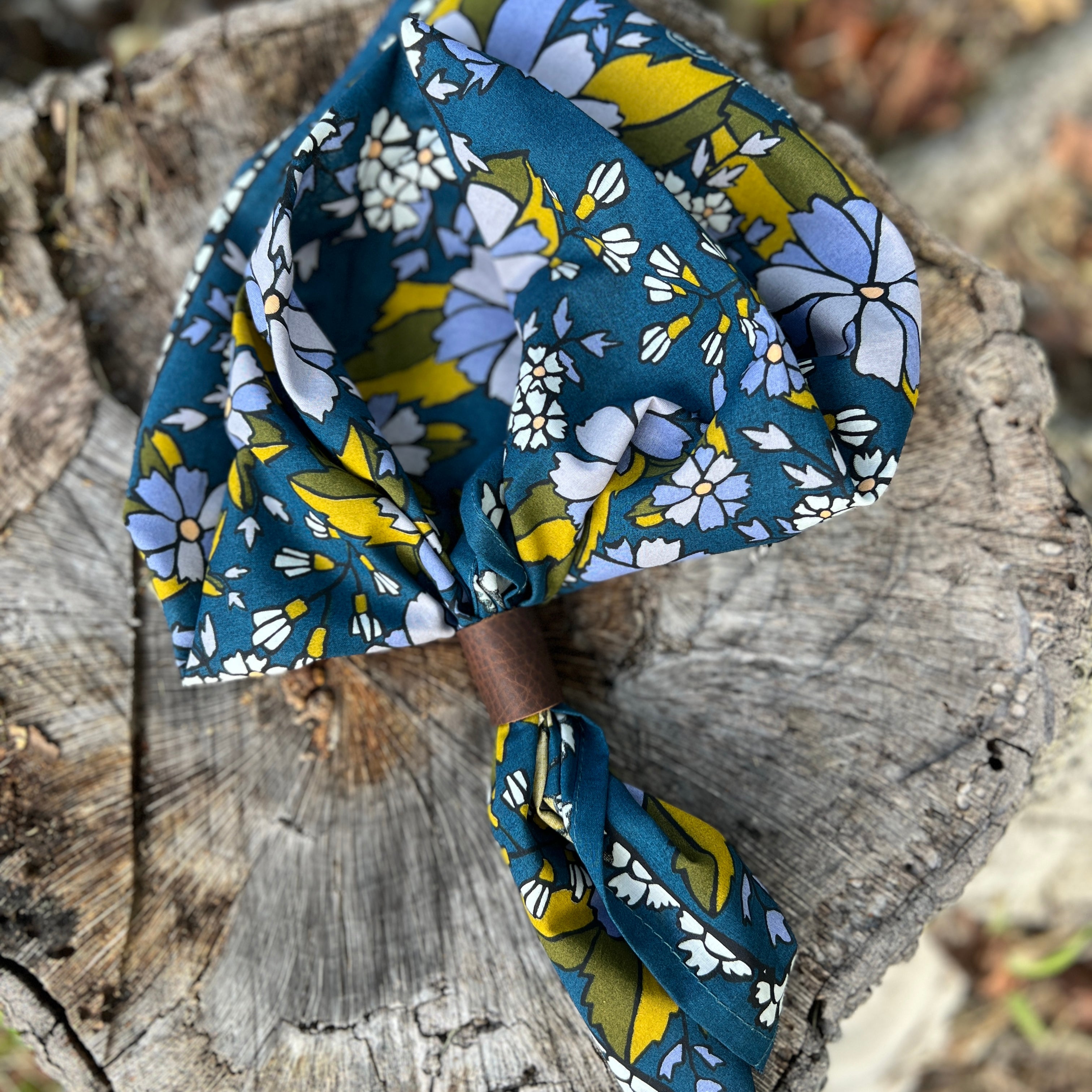 blue floral bandana with brown leather slide
