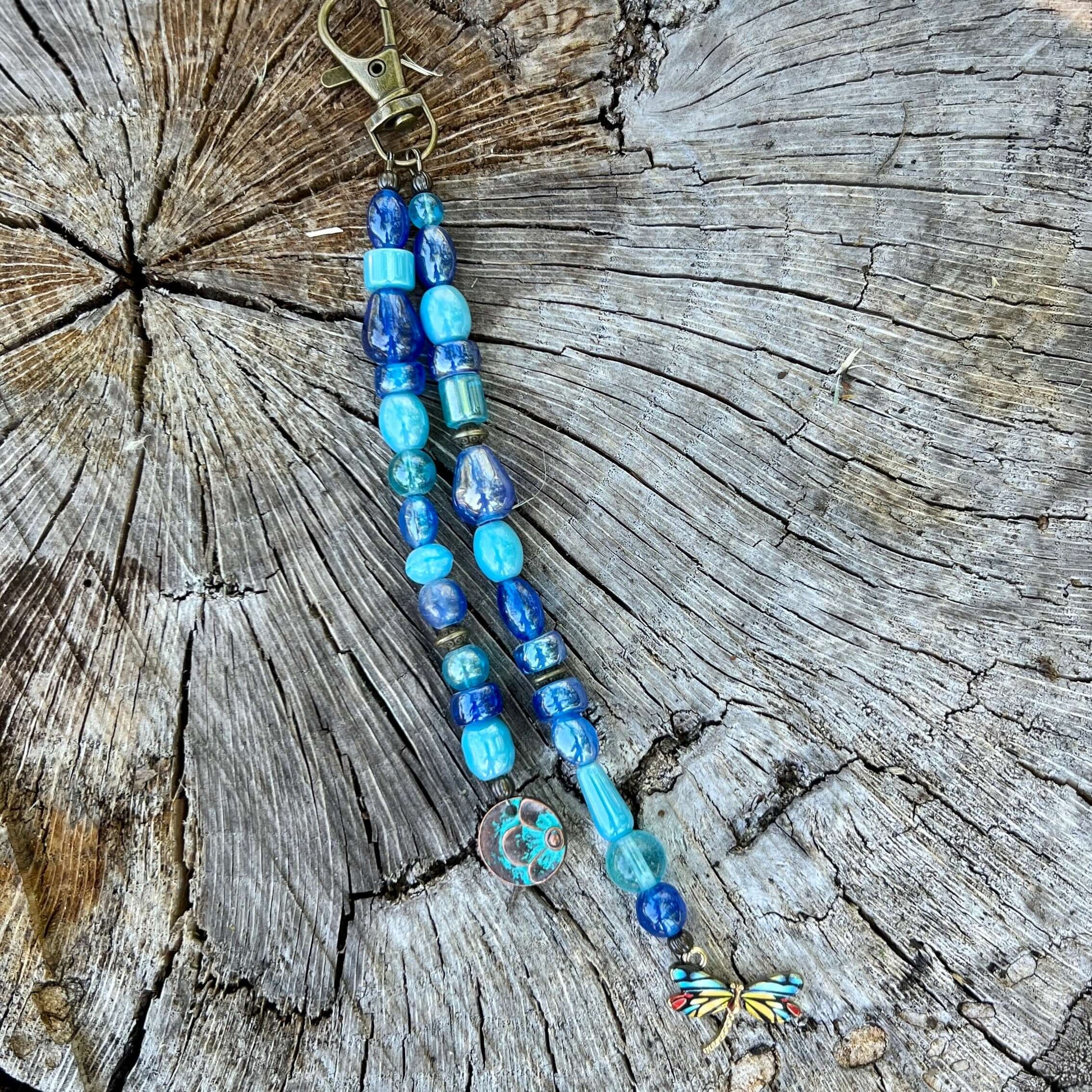 Beaded Bag Charm with Blue Glass Beads and Dragonfly Charm