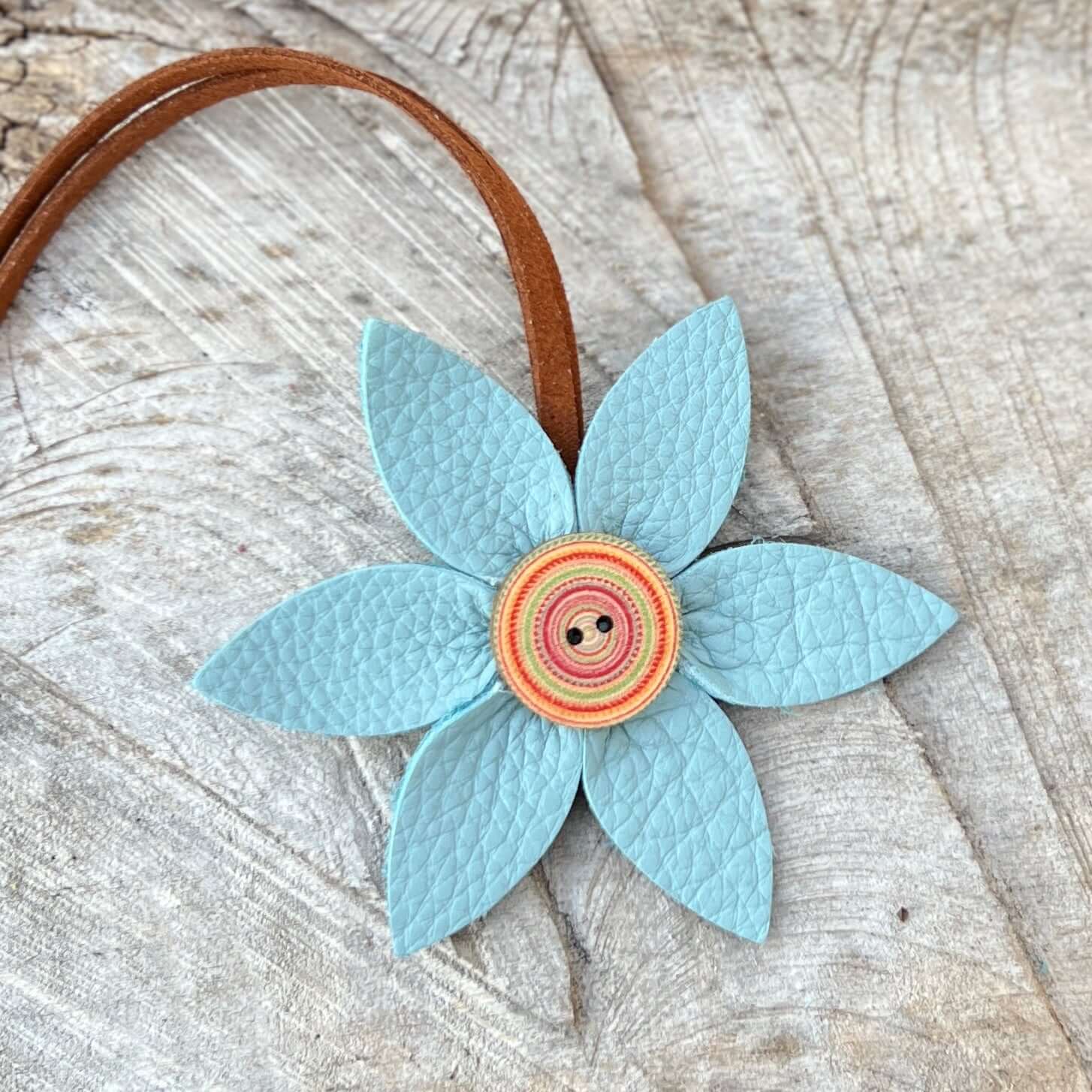 mint blue leather flower purse charm with colorful wooden button