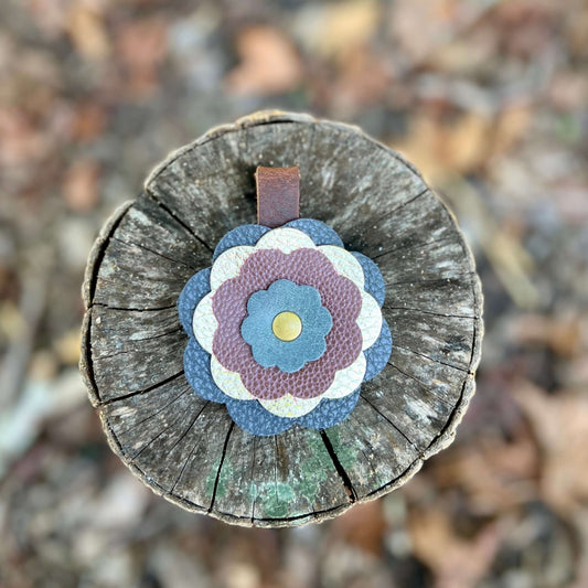Leather Flower Bag Charm - Deep Blue, Gold, Plum Wine