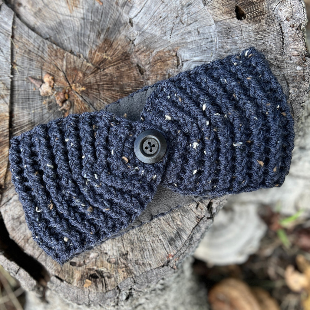 blue tweed ear warmer headband with fleece lining