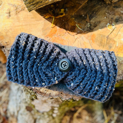 Winter Headband with Fleece Lining - Blue Tweed