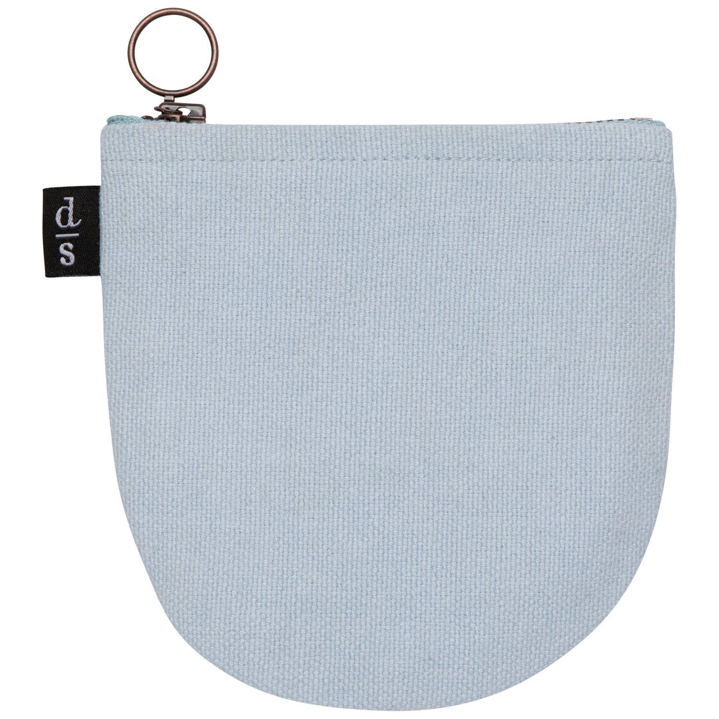 Light blue pouch with a zipper and key ring on a white background