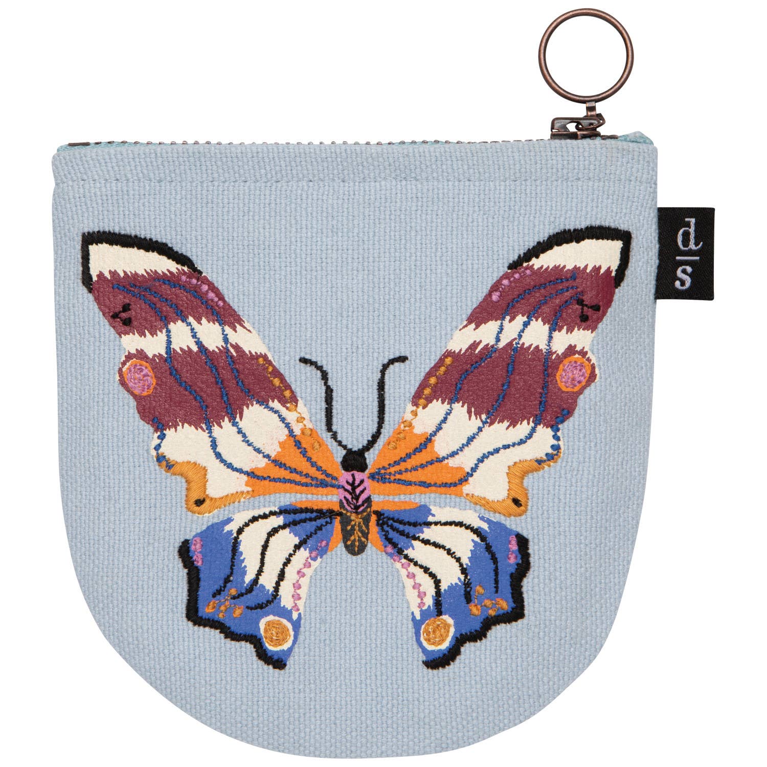 Pouch with a colorful butterfly design on a light blue background