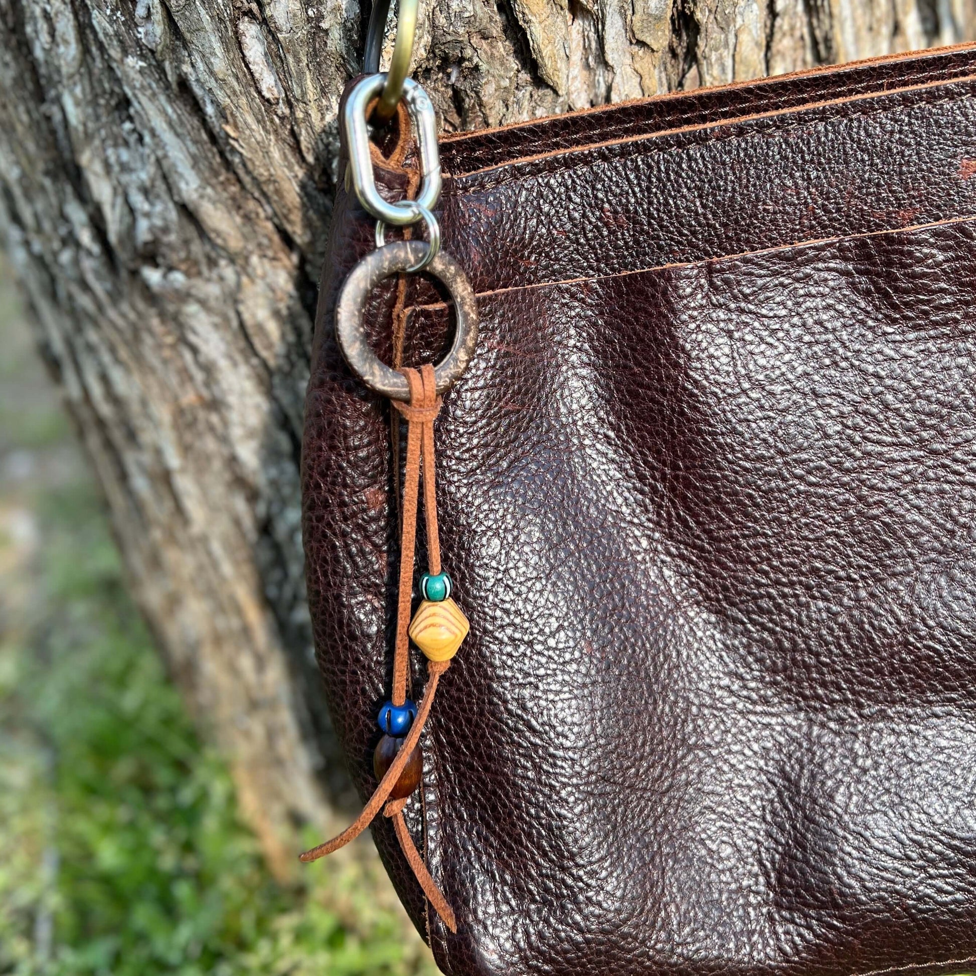 boho beaded bag charm with wood beads and ring