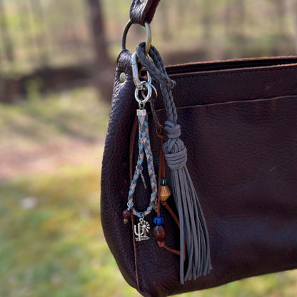 boho beaded bag charm with wood beads and ring