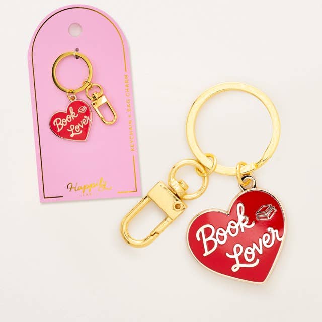 Keychain with 'Book Lover' heart charm on a white background