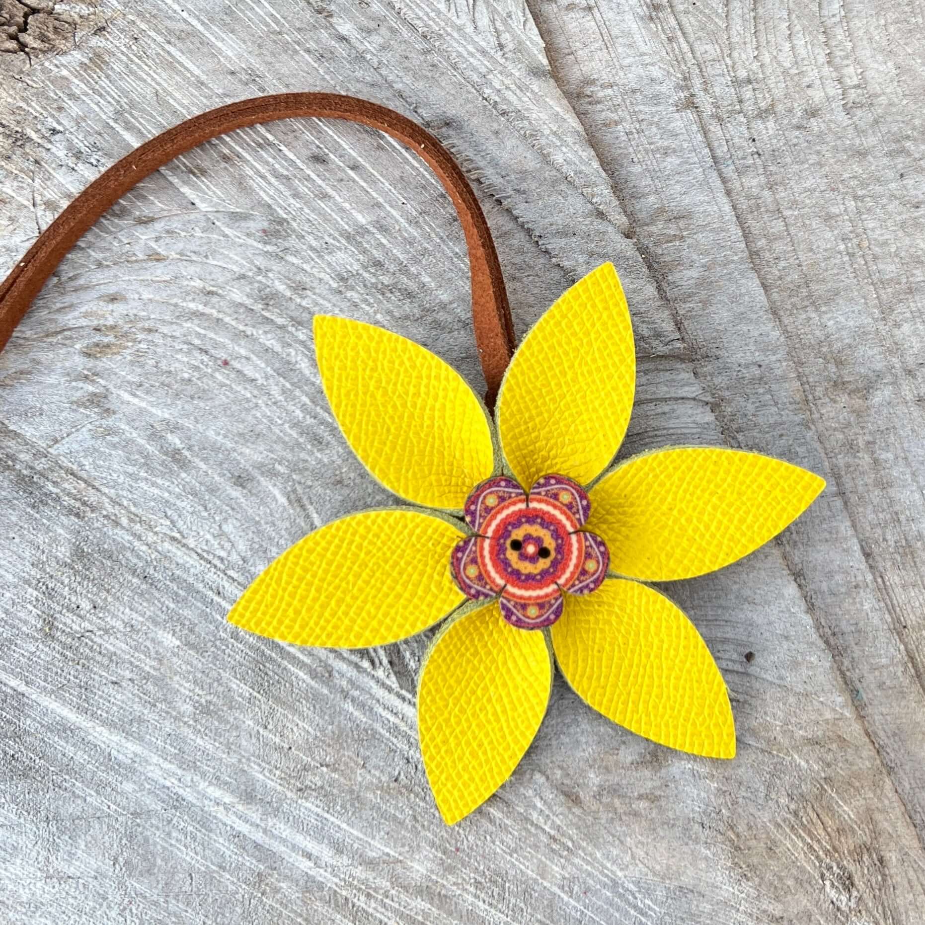 bright yellow leather flower bag charm