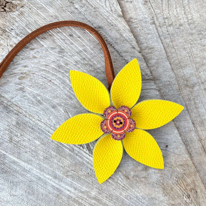 bright yellow leather flower bag charm