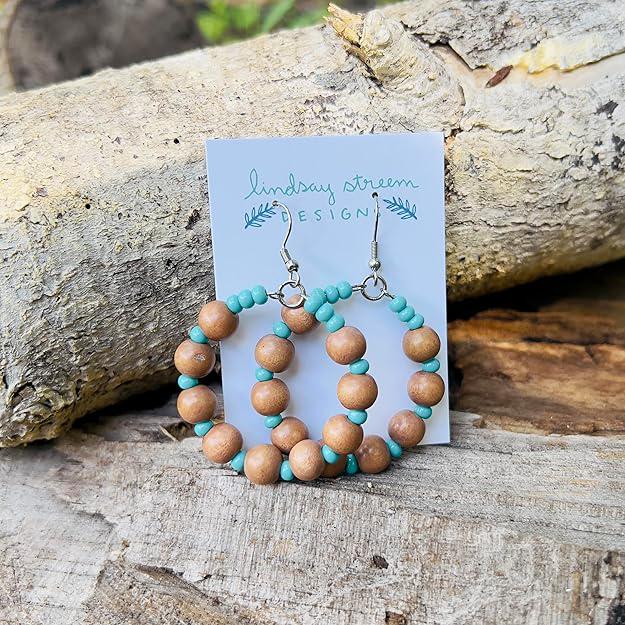 Beaded Hoop Earrings - Wood and Glass Seed Beads 