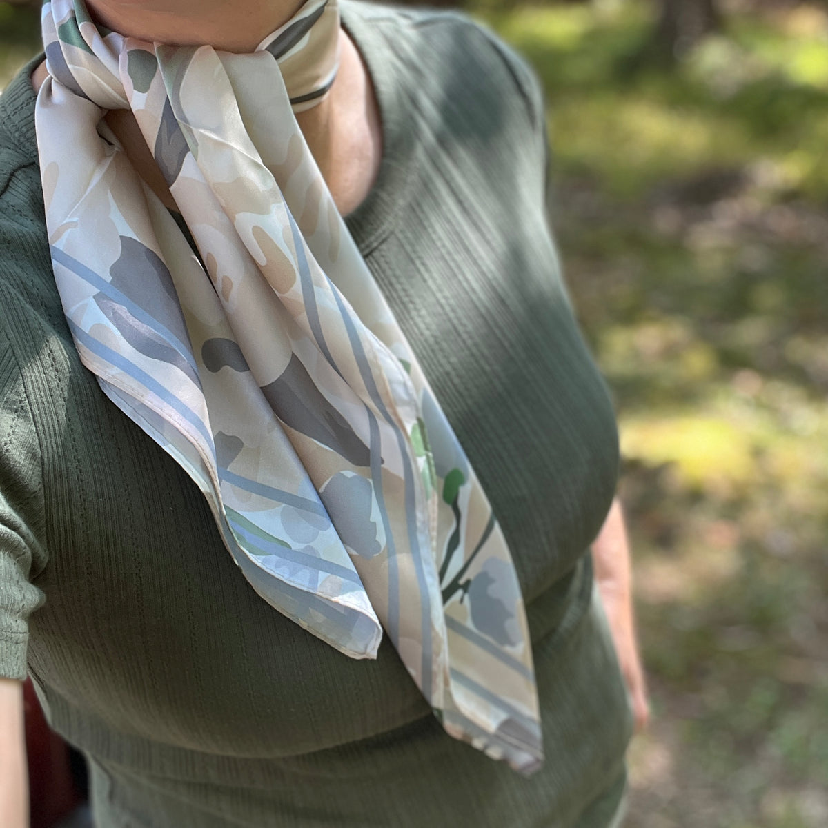 brown, gray and green abstract floral scarf