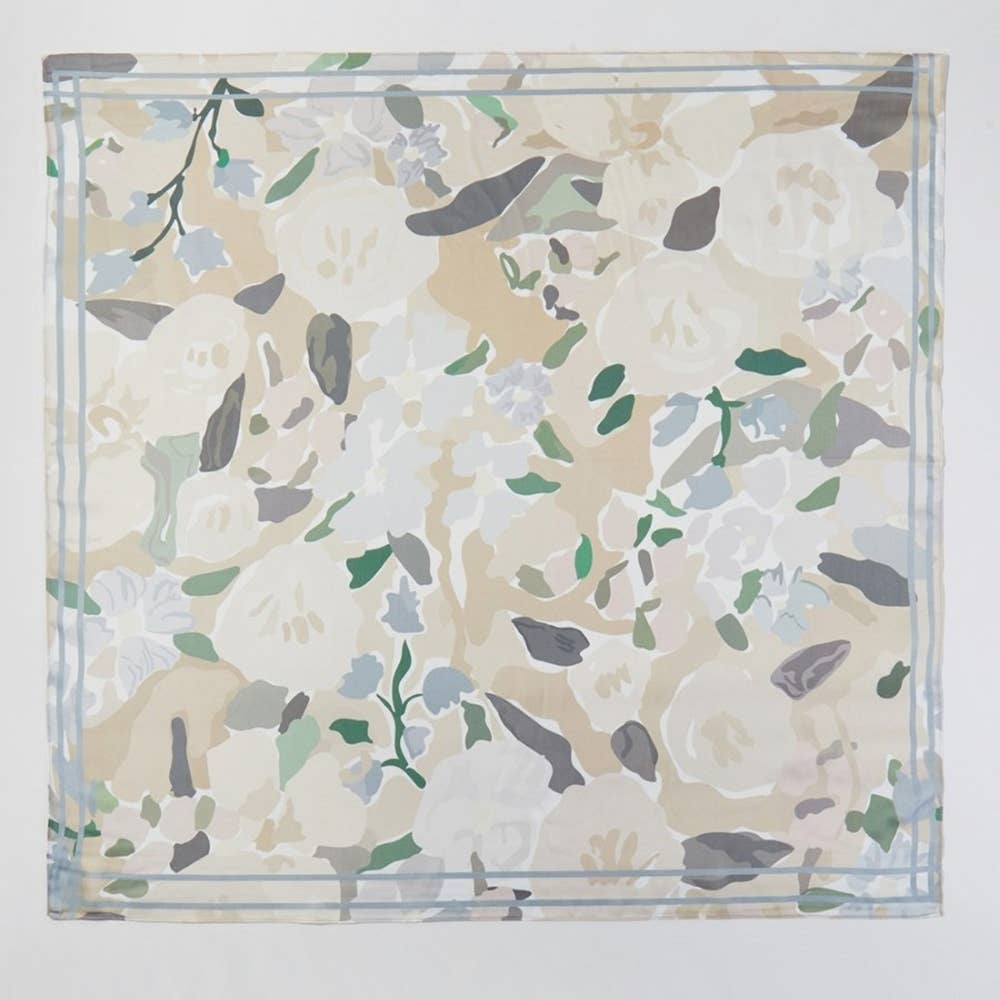 brown, gray and green abstract floral scarf on white background
