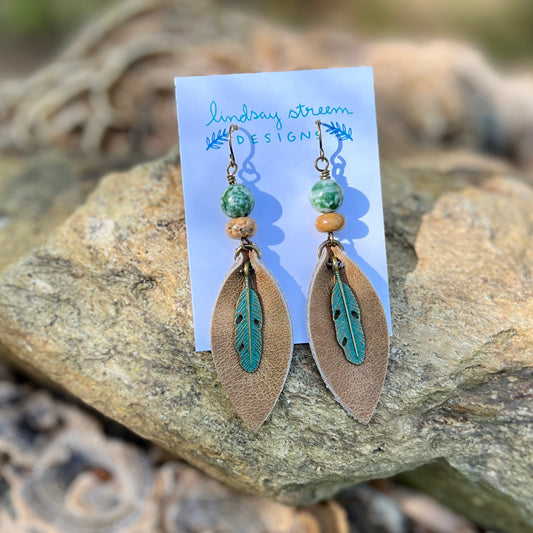brown leather earrings with feather and green and brown jasper