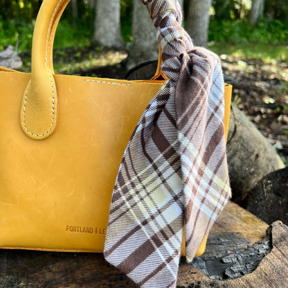 Purse Scarf - Brown Plaid Flannel on yellow handbag