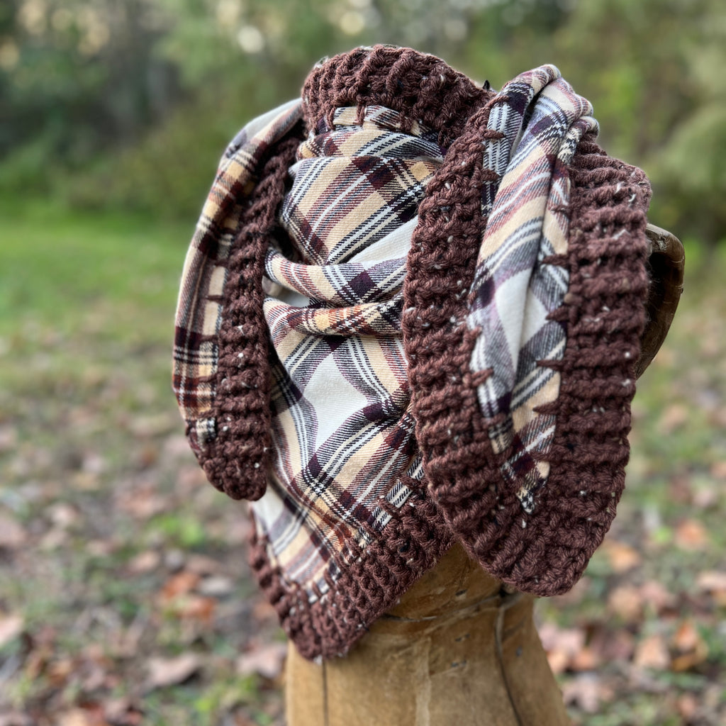 brown flannel scarf with crochet trim