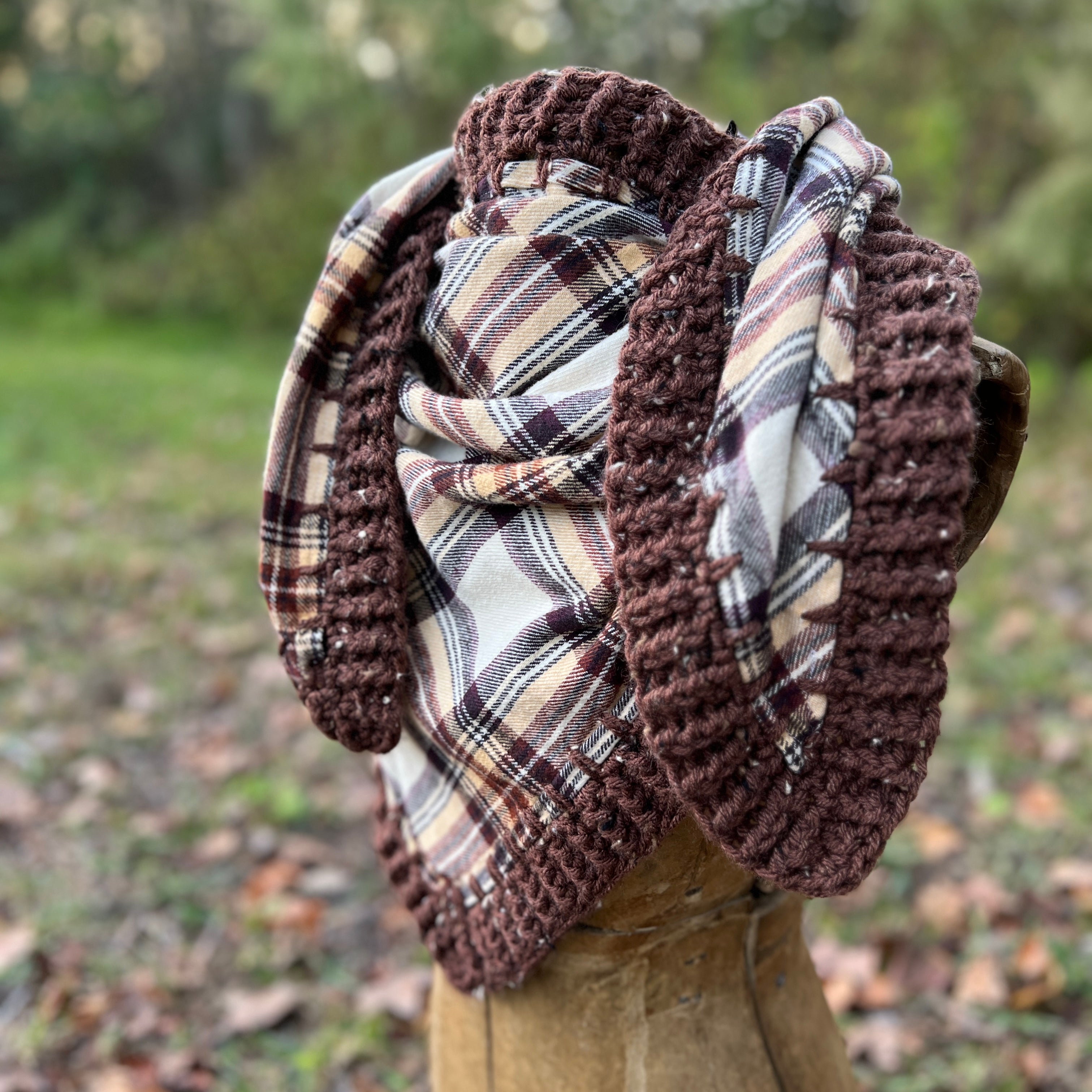 brown flannel scarf with crochet trim