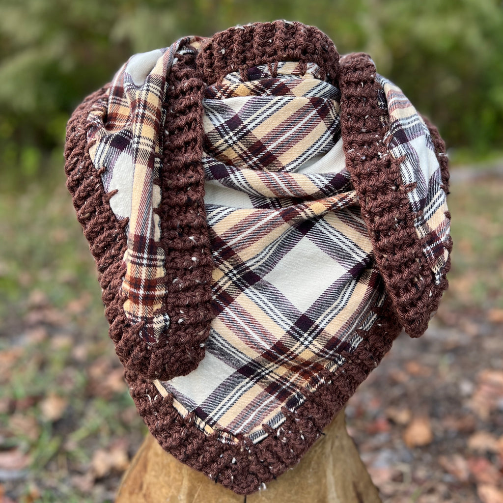 brown plaid flannel scarf with crochet trim