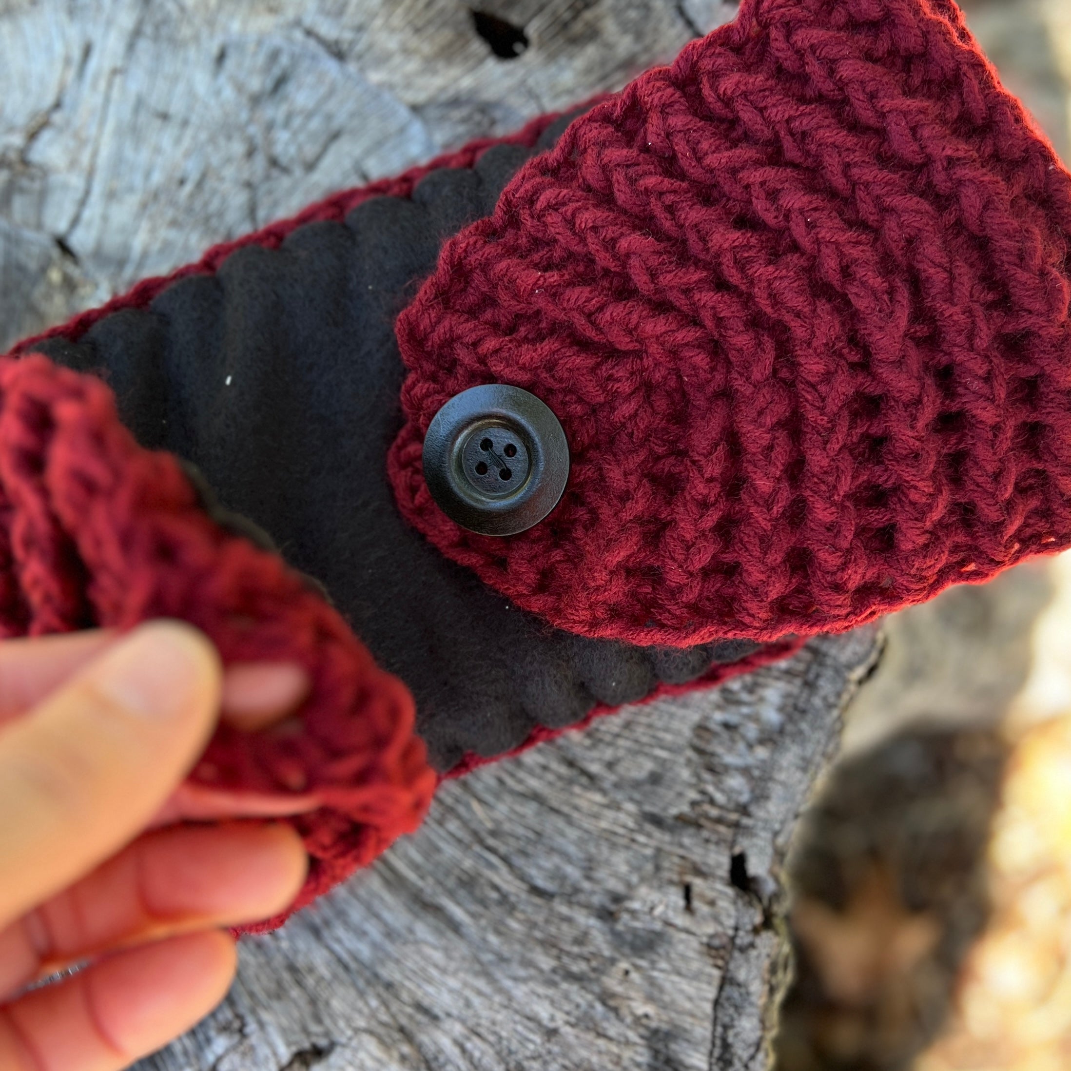 winter headband in burgundy with open button