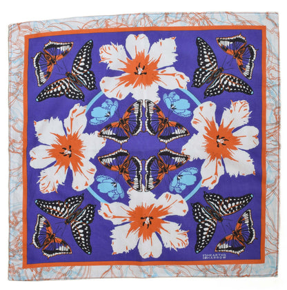 Scarf with floral and butterfly pattern on a purple background