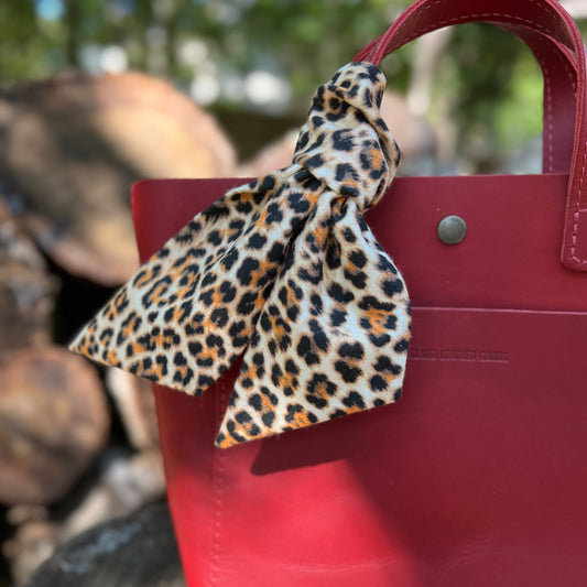 cheetah print bag scarf on red tote