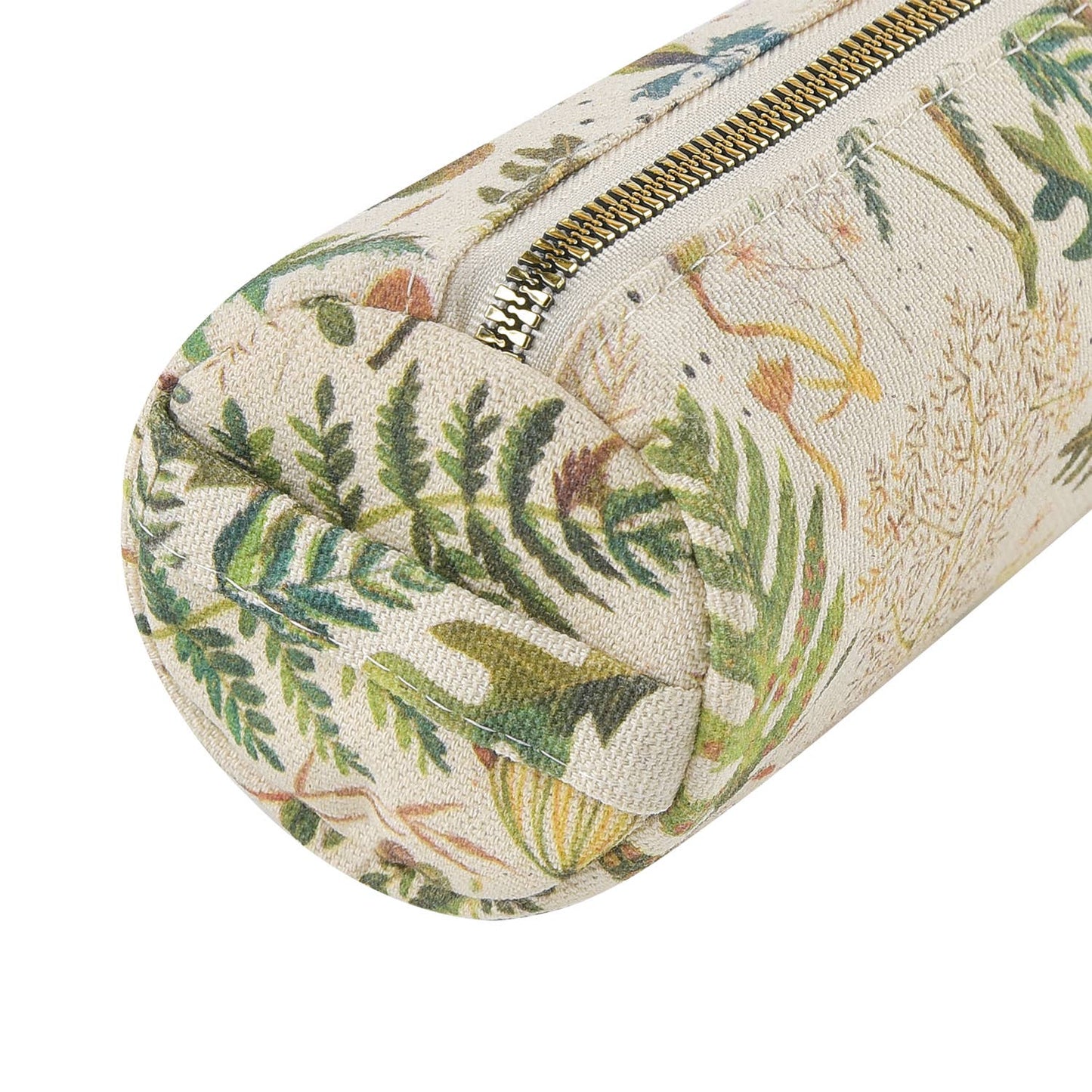 Pencil case with floral pattern and gold zipper on a white background