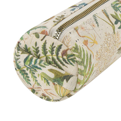 Pencil case with floral pattern and gold zipper on a white background