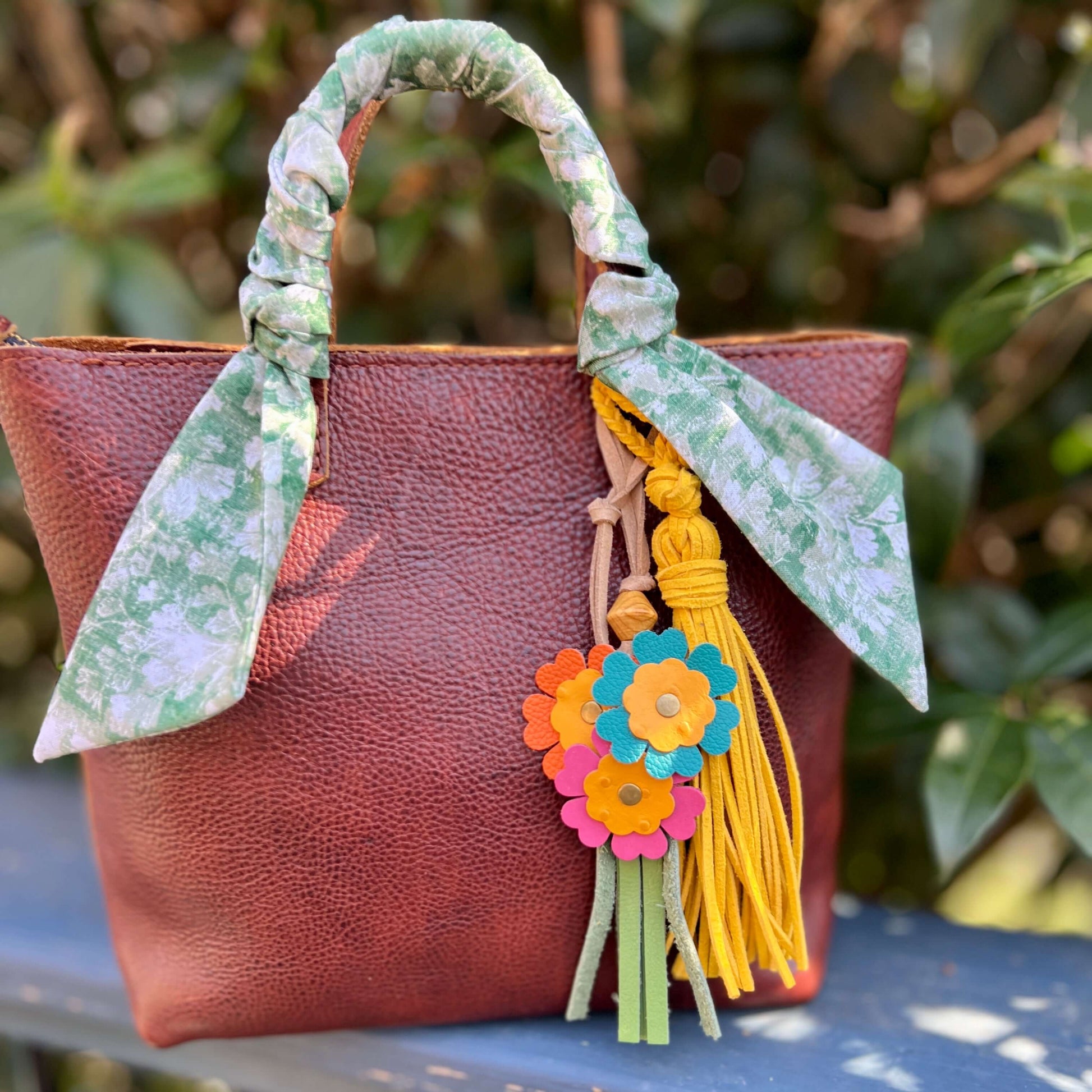 leather tassel and flowers bag charm