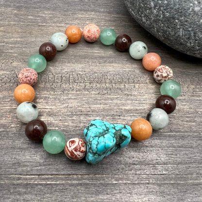 colorful natural stone stretch bracelet with blue nugget