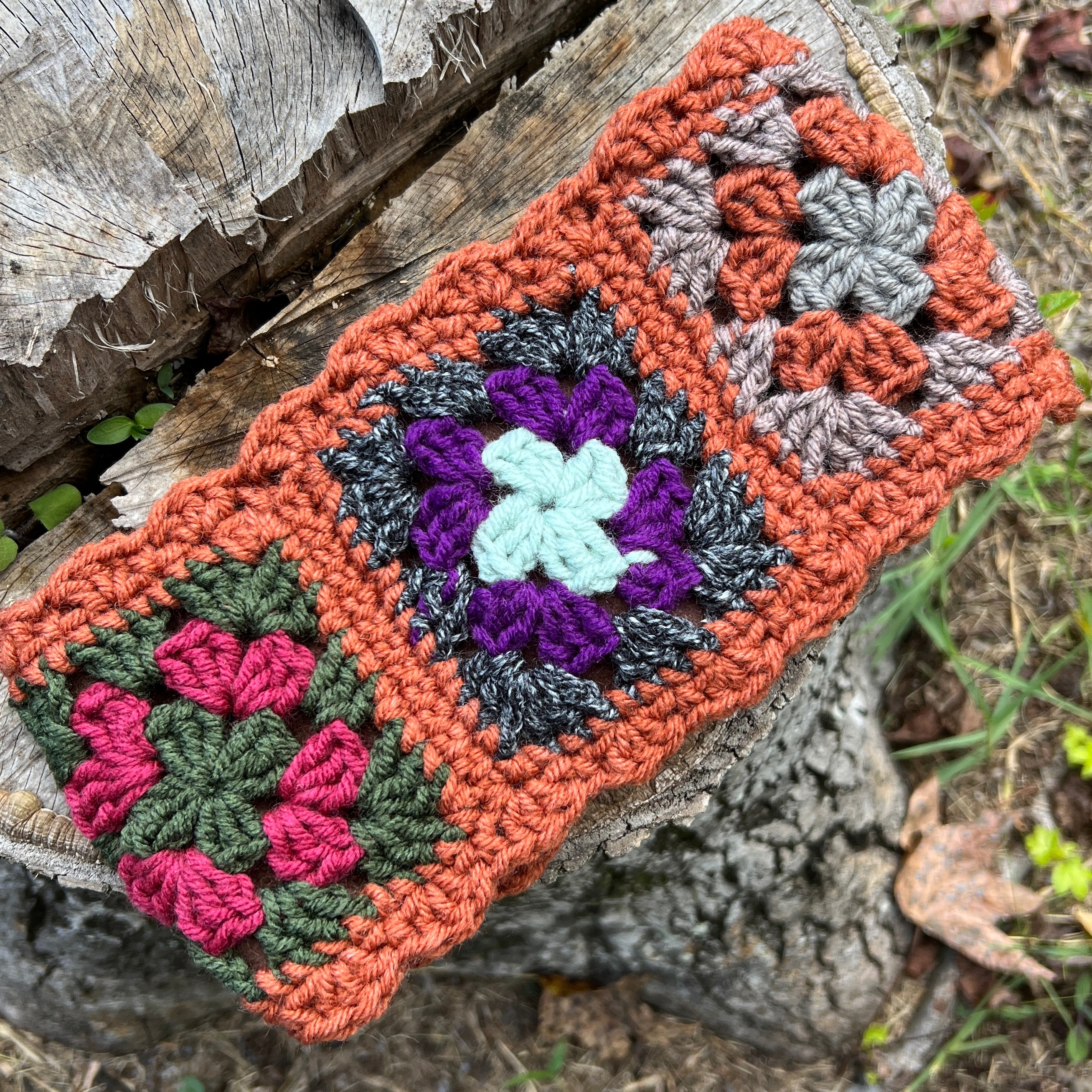 patchwork ear warmer crocheted granny squares