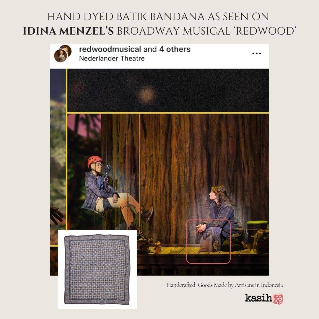 Hand dyed batik bandana with a scene from 'Redwood' Broadway musical and a person sitting on stage.