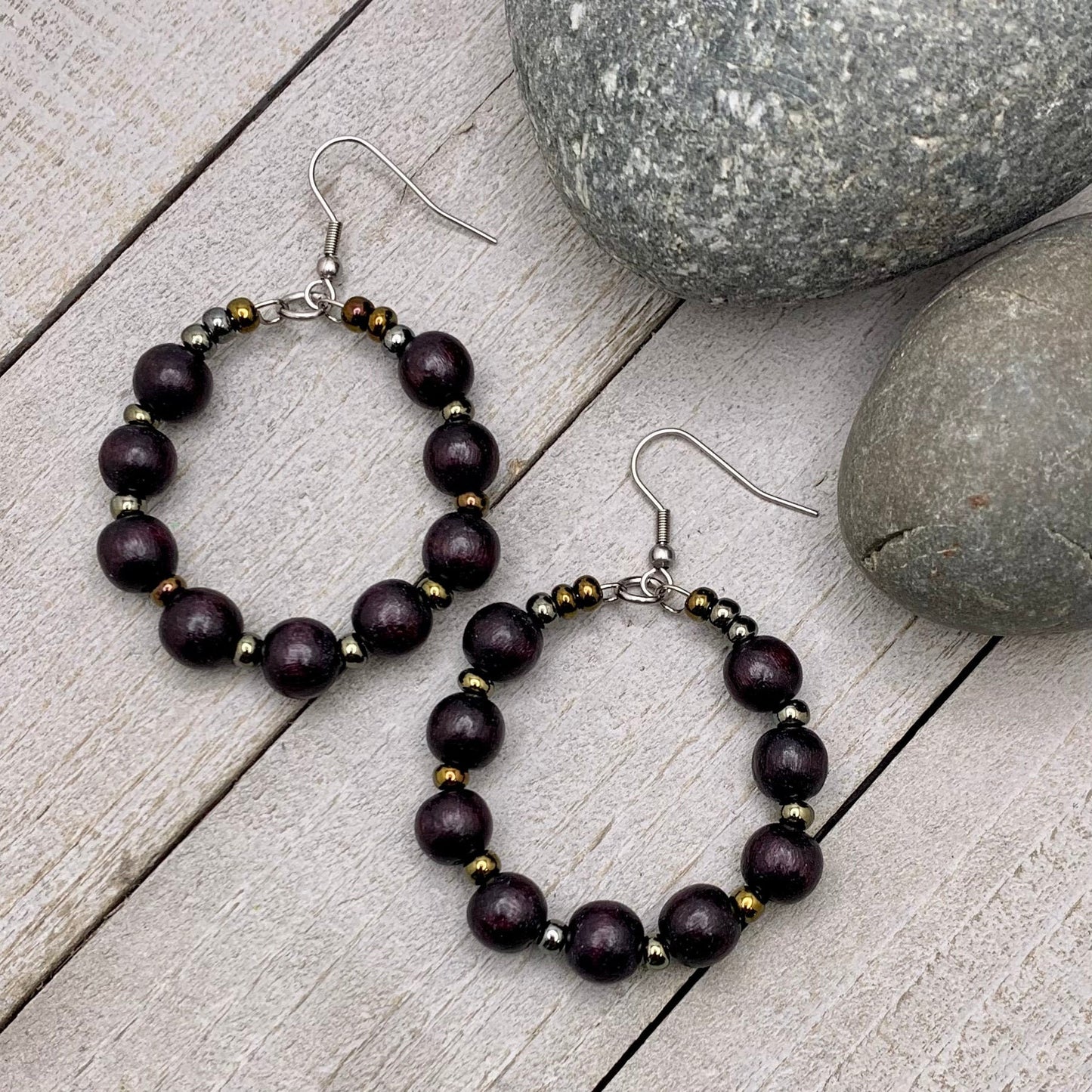 dark brown wood and seed bead hoop earrings