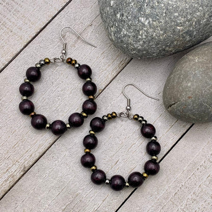 dark brown wood and seed bead hoop earrings