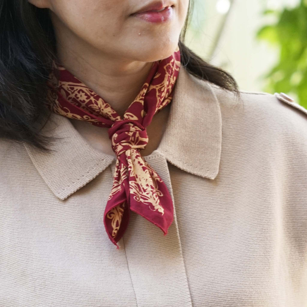 deep red and golden brown square scarf