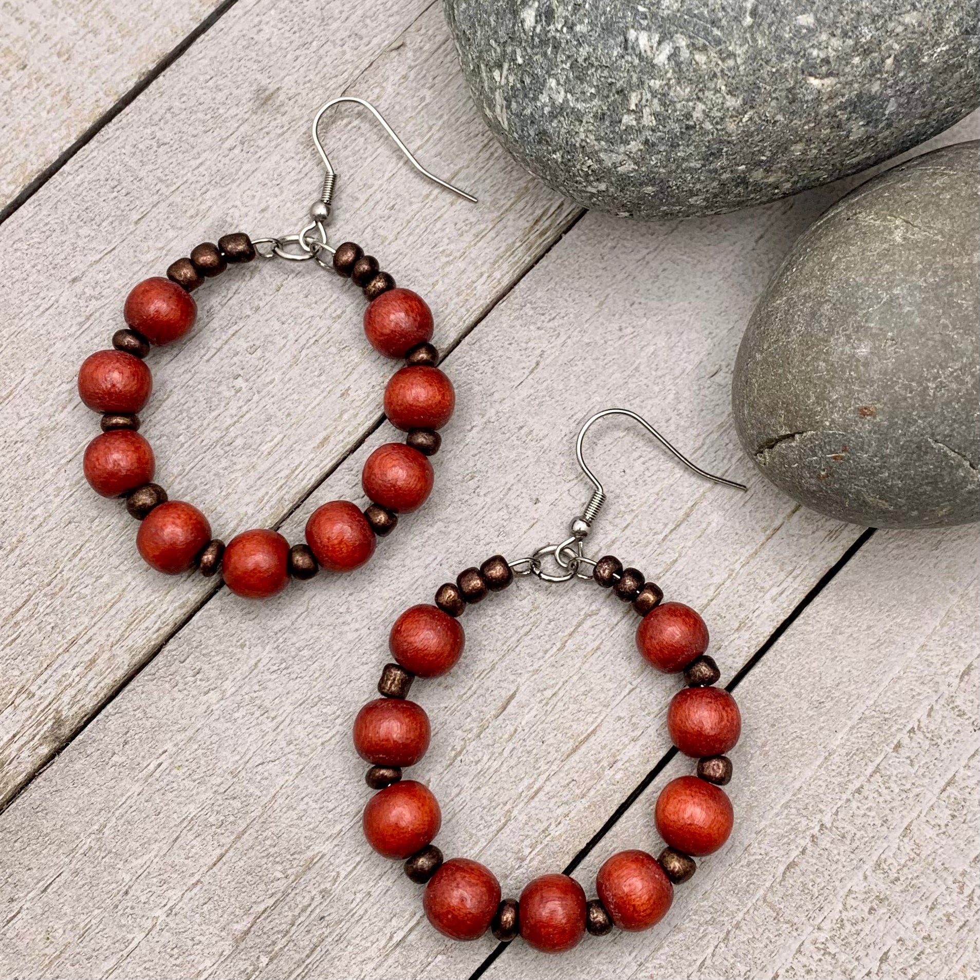 deep rust red and brown seed bead hoop earrings
