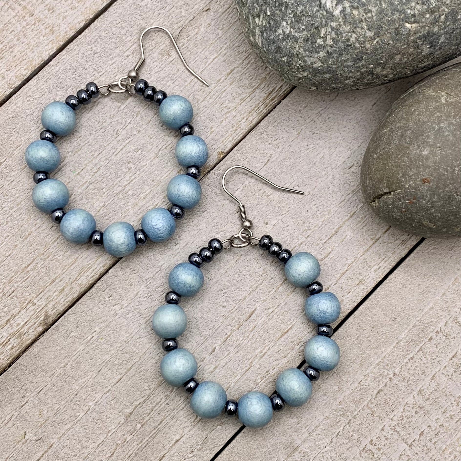 denim blue and grey seed bead hoop earrings