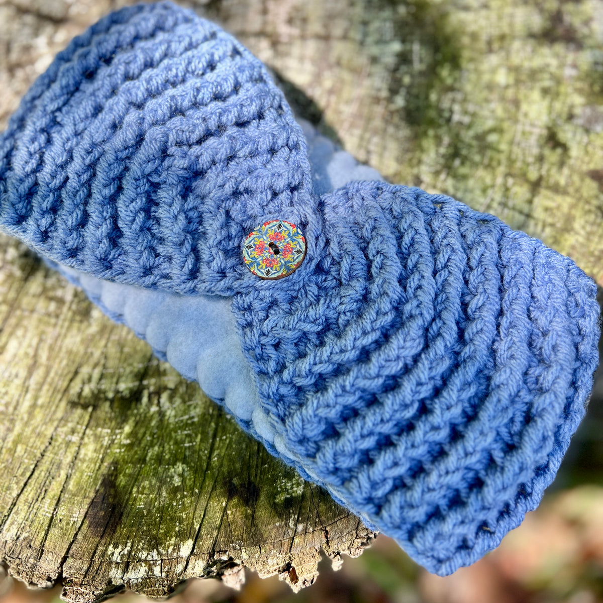 denim blue ear warmer winter headband with fleece lining