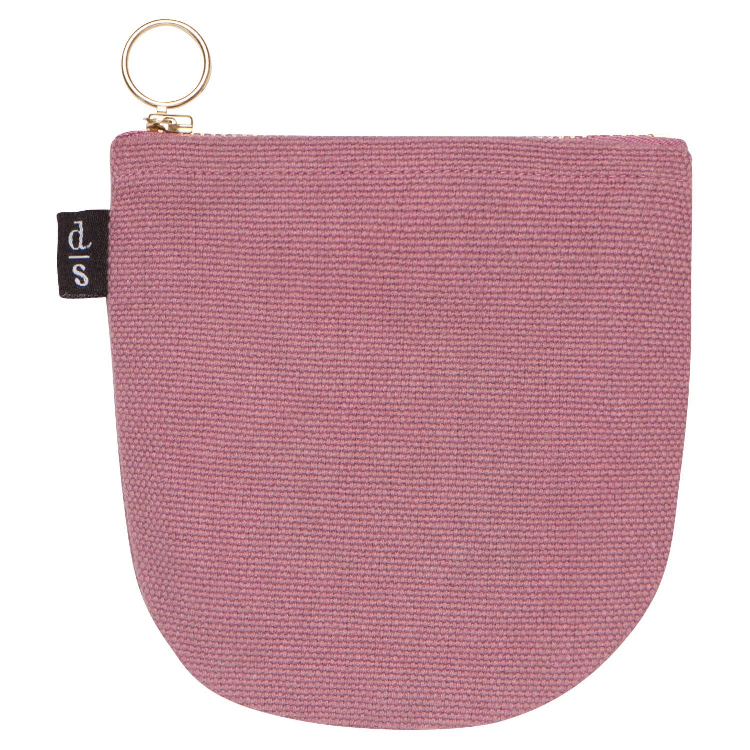Pink fabric pouch with a key ring on a white background