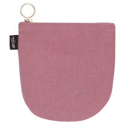 Pink fabric pouch with a key ring on a white background