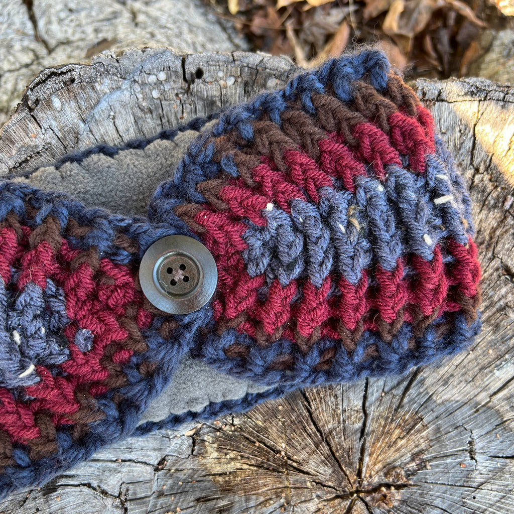 ear warmer winter headband in blue, brown and red stripes