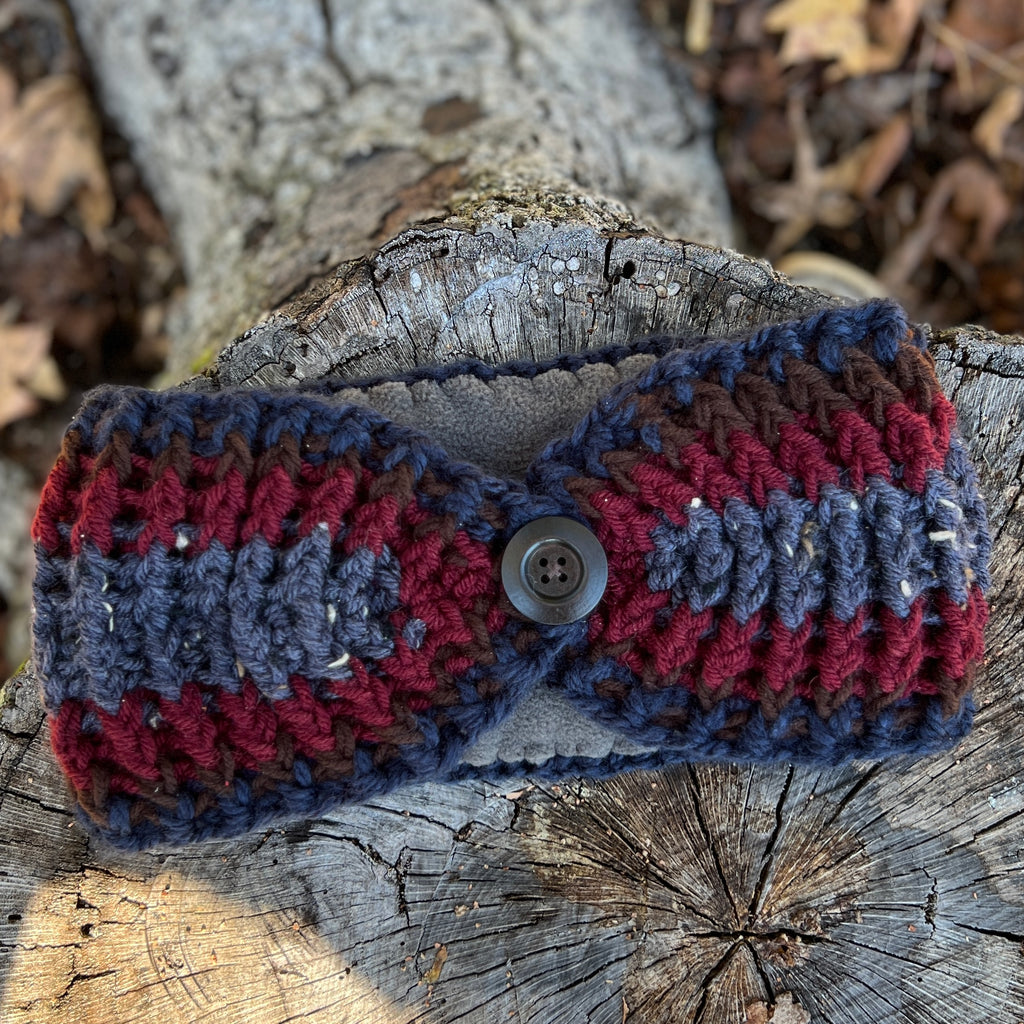 ear warmer winter headband in blue, brown and red stripes
