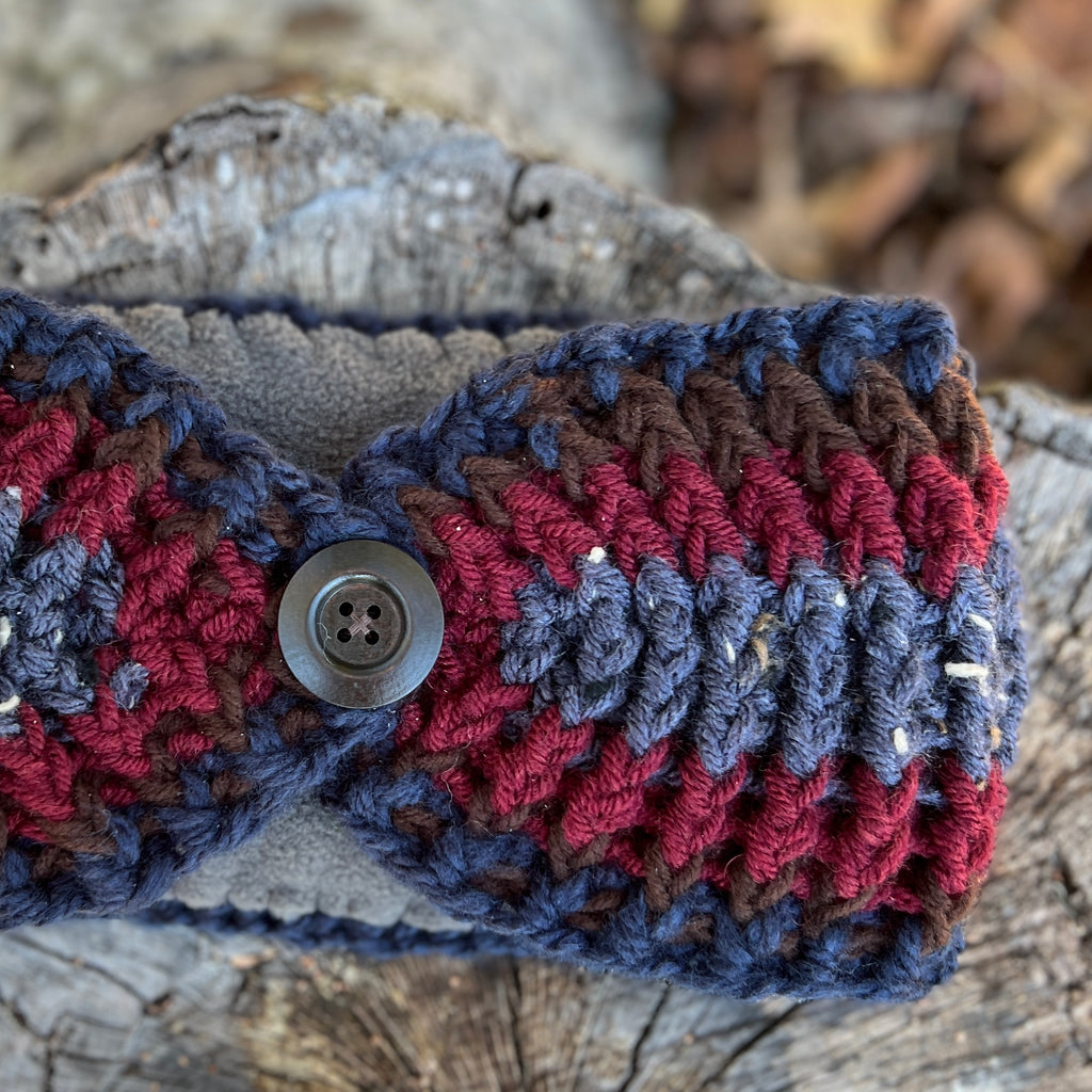 ear warmer winter headband in blue, brown and red stripes